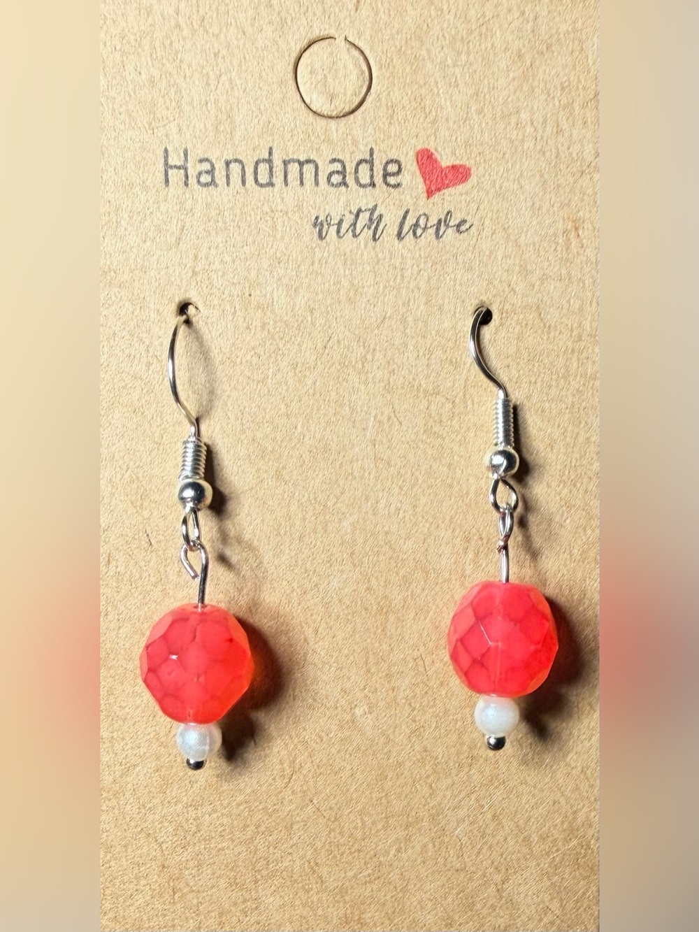 ✨Handmade✨ Coral Faceted and Pearl Bead Dangle Earrings - Hypoallergenic Hooks